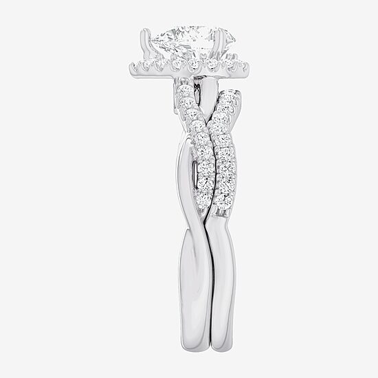 (G-H / Si1-Si2) Womens 1 1/6 CT. T.W. Lab Grown White Diamond 14K Gold Pear Side Stone Halo Bridal Set