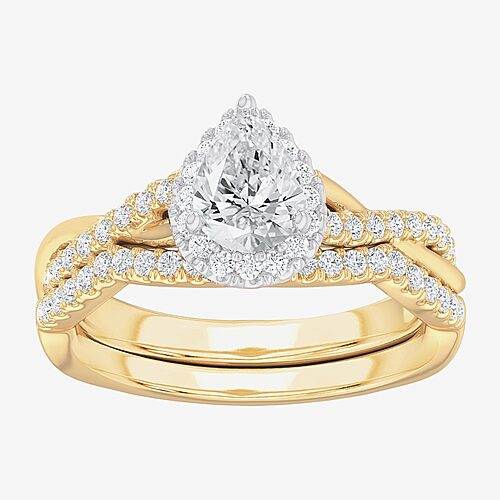 (G-H / Si1-Si2) Womens 1 1/6 CT. T.W. Lab Grown White Diamond 14K Gold Pear Side Stone Halo Bridal Set, 9, Yellow