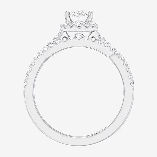 (G-H / Si1-Si2) Womens 1 1/6 CT. T.W. Lab Grown White Diamond 14K Gold Oval Side Stone Halo Bridal Set