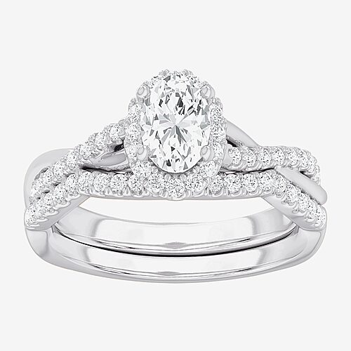 (G-H / Si1-Si2) Womens 1 1/6 CT. T.W. Lab Grown White Diamond 14K Gold Oval Side Stone Halo Bridal Set, 8, White