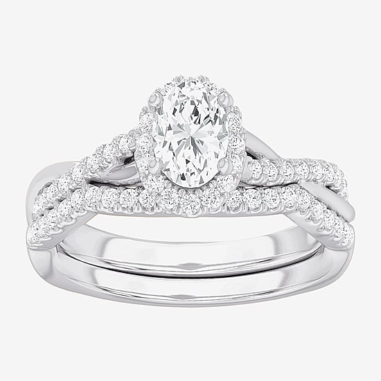 (G-H / Si1-Si2) Womens 1 1/6 CT. T.W. Lab Grown White Diamond 14K Gold Oval Side Stone Halo Bridal Set