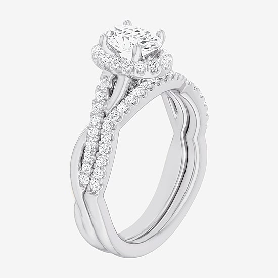 (G-H / Si1-Si2) Womens 1 1/6 CT. T.W. Lab Grown White Diamond 14K Gold Oval Side Stone Halo Bridal Set