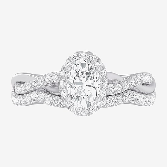 (G-H / Si1-Si2) Womens 1 1/6 CT. T.W. Lab Grown White Diamond 14K Gold Oval Side Stone Halo Bridal Set