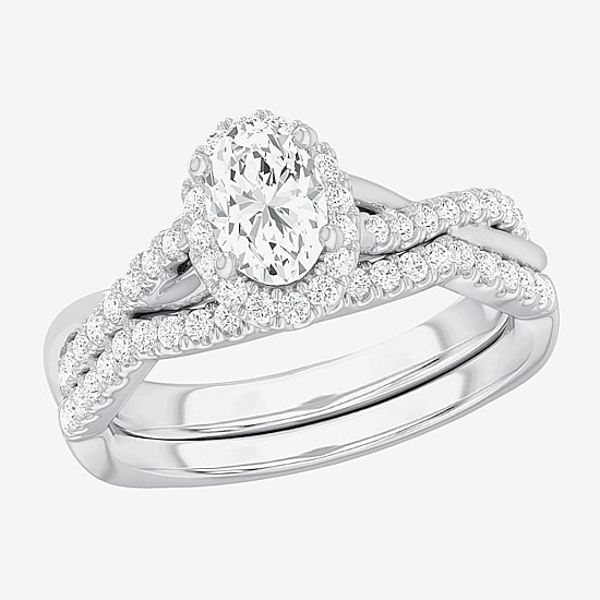 (G-H / Si1-Si2) Womens 1 1/6 CT. T.W. Lab Grown White Diamond 14K Gold Oval Side Stone Halo Bridal Set