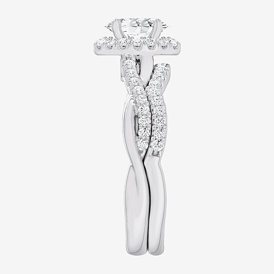 (G-H / Si1-Si2) Womens 1 1/6 CT. T.W. Lab Grown White Diamond 14K Gold Oval Side Stone Halo Bridal Set