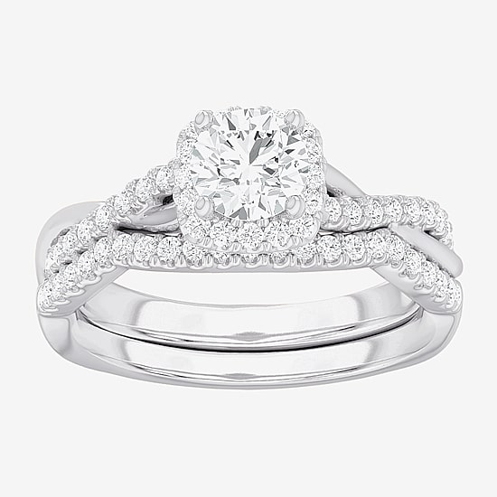 (G-H / Si1-Si2) Womens 1 1/6 CT. T.W. Lab Grown White Diamond 14K Gold Cushion Side Stone Halo Bridal Set