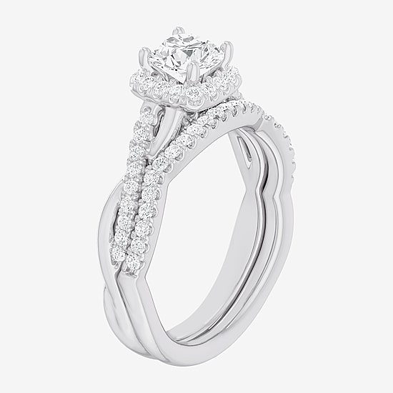 (G-H / Si1-Si2) Womens 1 1/6 CT. T.W. Lab Grown White Diamond 14K Gold Cushion Side Stone Halo Bridal Set