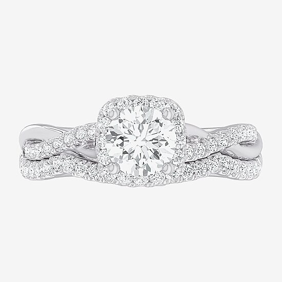 (G-H / Si1-Si2) Womens 1 1/6 CT. T.W. Lab Grown White Diamond 14K Gold Cushion Side Stone Halo Bridal Set