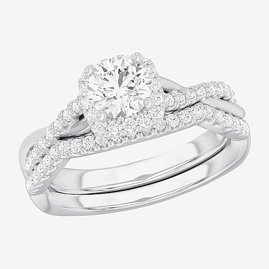 (G-H / Si1-Si2) Womens 1 1/6 CT. T.W. Lab Grown White Diamond 14K Gold Cushion Side Stone Halo Bridal Set