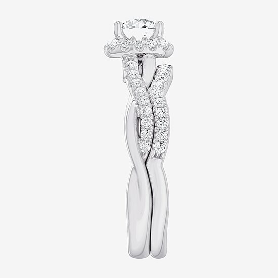 (G-H / Si1-Si2) Womens 1 1/6 CT. T.W. Lab Grown White Diamond 14K Gold Cushion Side Stone Halo Bridal Set