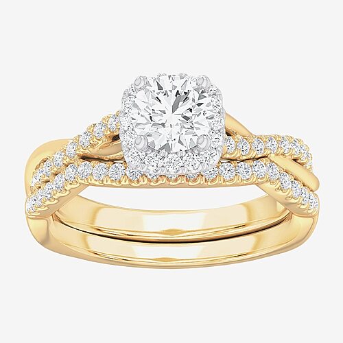 (G-H / Si1-Si2) Womens 1 1/6 CT. T.W. Lab Grown White Diamond 14K Gold Cushion Side Stone Halo Bridal Set, 9, Yellow