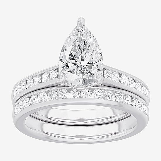 (G-H / Si1-Si2) Womens 3 CT. T.W. Lab Grown White Diamond 14K Gold Pear Side Stone Bridal Set