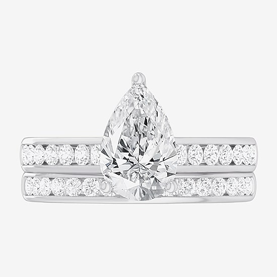 (G-H / Si1-Si2) Womens 3 CT. T.W. Lab Grown White Diamond 14K Gold Pear Side Stone Bridal Set