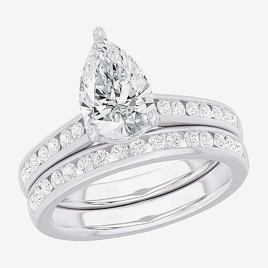(G-H / Si1-Si2) Womens 3 CT. T.W. Lab Grown White Diamond 14K Gold Pear Side Stone Bridal Set