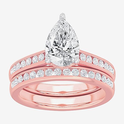 (G-H / Si1-Si2) Womens 3 CT. T.W. Lab Grown White Diamond 14K Gold Pear Side Stone Bridal Set, 8, Rose