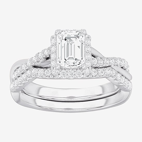 (G-H / Si1-Si2) Womens 1 1/6 CT. T.W. Lab Grown White Diamond 14K Gold Side Stone Halo Bridal Set