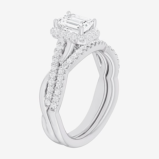 (G-H / Si1-Si2) Womens 1 1/6 CT. T.W. Lab Grown White Diamond 14K Gold Side Stone Halo Bridal Set