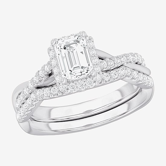 (G-H / Si1-Si2) Womens 1 1/6 CT. T.W. Lab Grown White Diamond 14K Gold Side Stone Halo Bridal Set