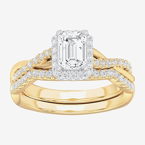 (G-H / Si1-Si2) Womens 1 1/6 CT. T.W. Lab Grown White Diamond 14K Gold Side Stone Halo Bridal Set, 9, Yellow
