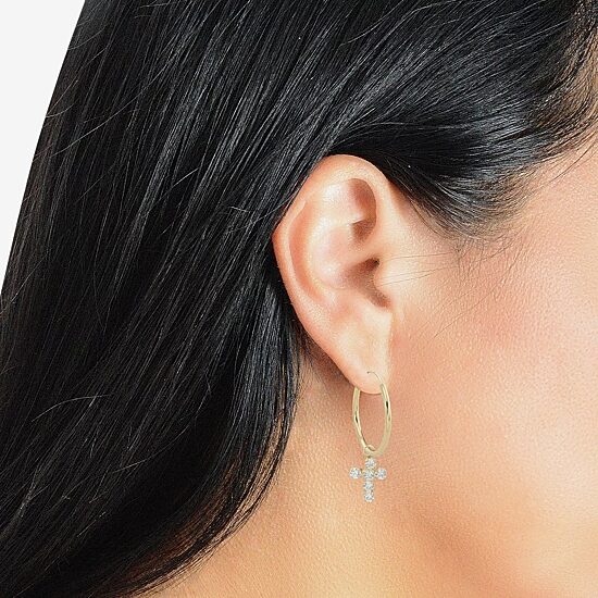 Womens Cubic Zirconia 14K Gold 18mm Cross Hoop Earrings