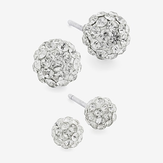 Silver Treasures Womens Crystal Sterling Silver Ball 2 Pair Earring Set