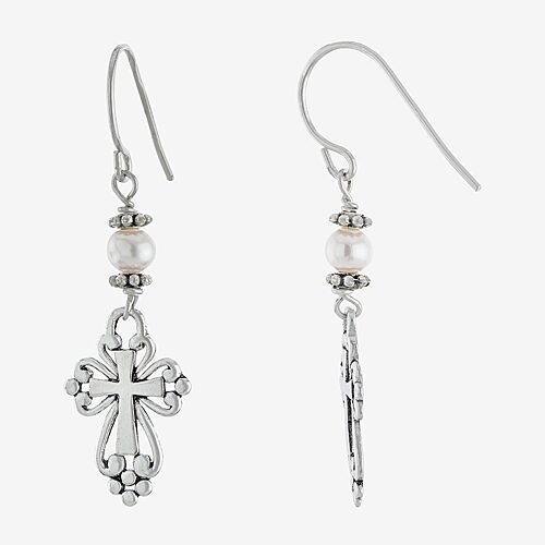 Silver Treasures Sterling Silver Cultured Freshwater Pearl Cross Drop Earrings, One Size