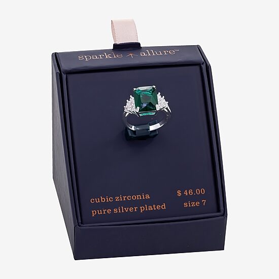 Sparkle Allure Womens Green Cubic Zirconia Pure Silver Over Brass Rectangular Engagement Ring