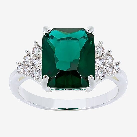 Sparkle Allure Womens Green Cubic Zirconia Pure Silver Over Brass Rectangular Engagement Ring