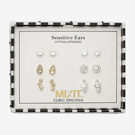 Mixit Womens Cubic Zirconia Flower Star Hypoallergenic 6 Pair Earring Set