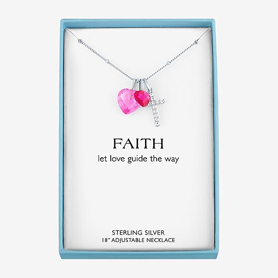 Womens Lab Created Pink Sapphire Sterling Silver Cross Heart 18 Inch Pendant Necklace