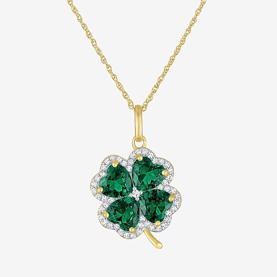 Womens Lab Created Green Emerald 14K Gold Over Silver Clover 16 Inch Pendant Necklace