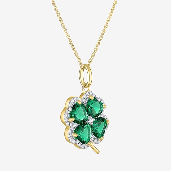 Womens Lab Created Green Emerald 14K Gold Over Silver Clover 16 Inch Pendant Necklace