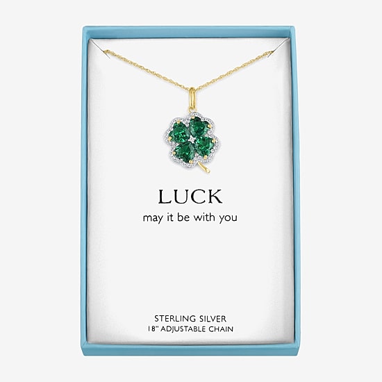 Womens Lab Created Green Emerald 14K Gold Over Silver Clover 16 Inch Pendant Necklace