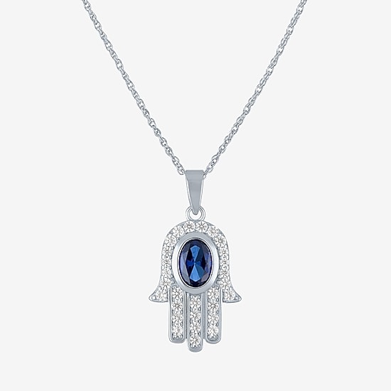 Womens Lab Created Blue Sapphire Sterling Silver Hamsa 16 Inch Pendant Necklace