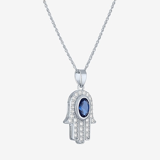 Womens Lab Created Blue Sapphire Sterling Silver Hamsa 16 Inch Pendant Necklace