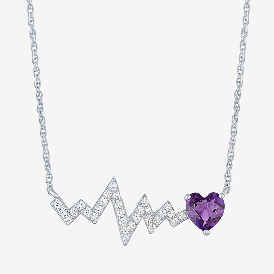 Heartbeat Womens Lab Created Purple Amethyst Sterling Silver Heart 18 Inch Pendant Necklace
