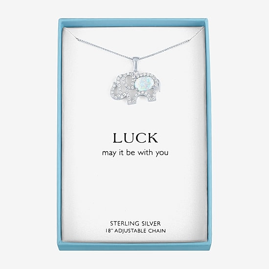 Womens Lab Created White Opal Sterling Silver Elephant Pendant Necklace