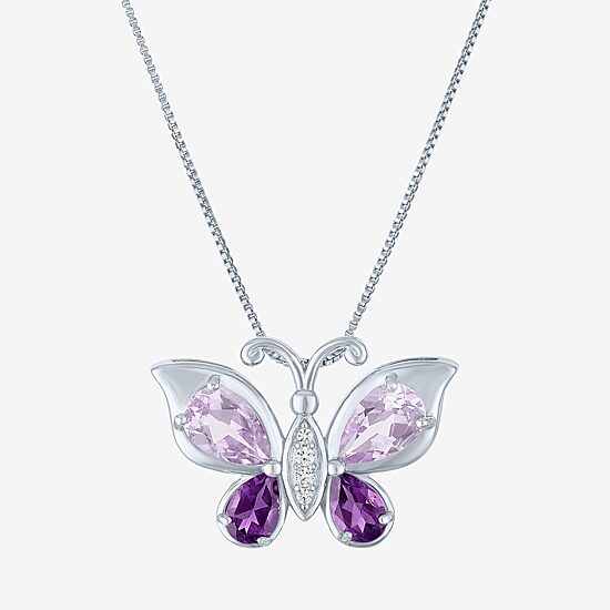 Womens Genuine Purple Amethyst Sterling Silver Butterfly 18 Inch Pendant Necklace