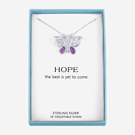 Womens Genuine Purple Amethyst Sterling Silver Butterfly 18 Inch Pendant Necklace