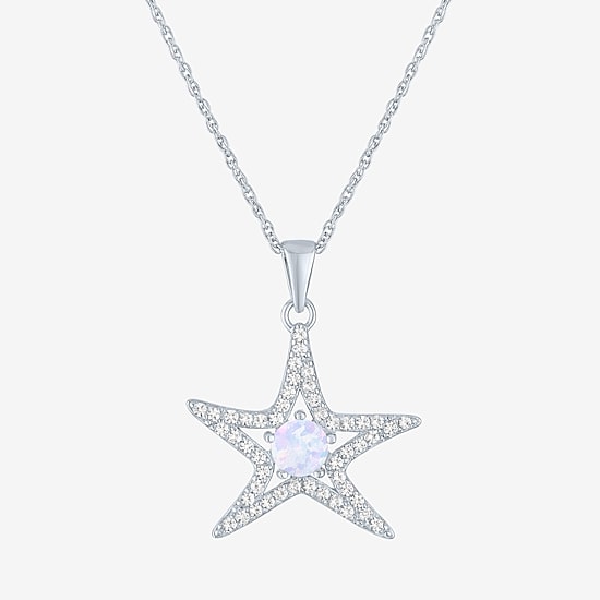 Womens Lab Created White Opal Sterling Silver Star 16 Inch Pendant Necklace