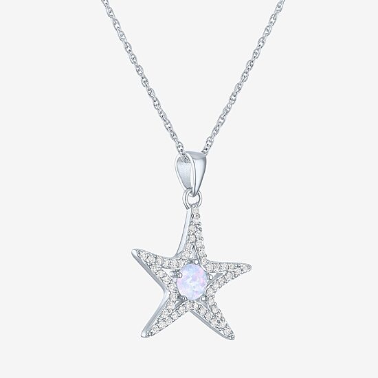 Womens Lab Created White Opal Sterling Silver Star 16 Inch Pendant Necklace