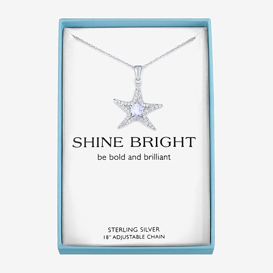 Womens Lab Created White Opal Sterling Silver Star 16 Inch Pendant Necklace