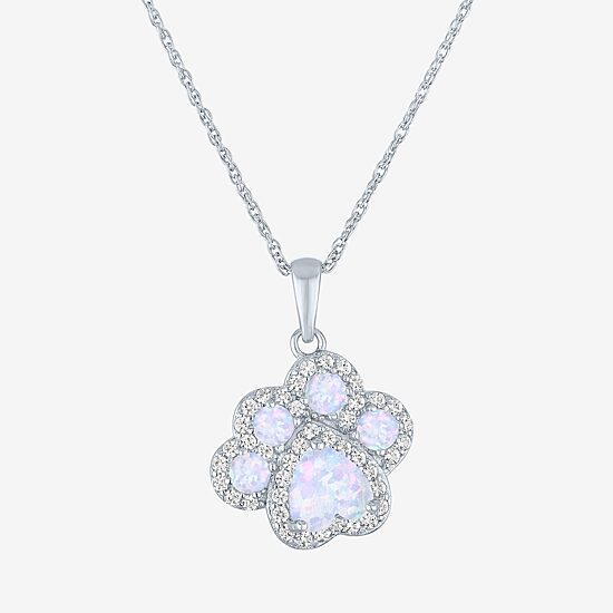 Paw Print Womens Lab Created White Opal Sterling Silver 18 Inch Pendant Necklace