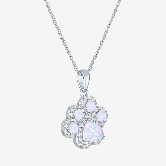 Paw Print Womens Lab Created White Opal Sterling Silver 18 Inch Pendant Necklace