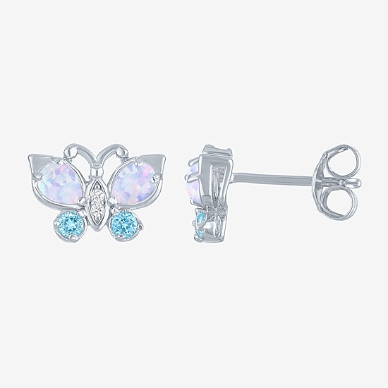 Lab Created White Opal Sterling Silver Butterfly Stud Earrings