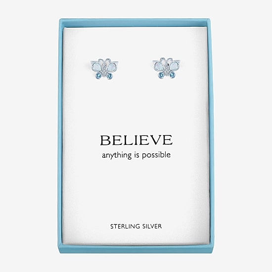 Lab Created White Opal Sterling Silver Butterfly Stud Earrings