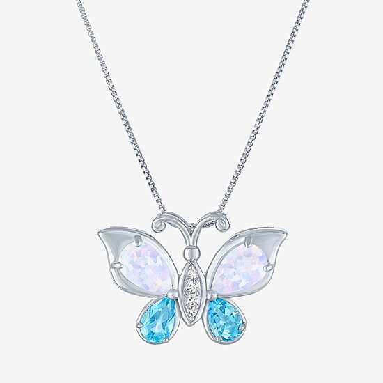 Womens Lab-Created Opal and Genuine Blue Topaz Sterling Silver Butterfly Pendant Necklace