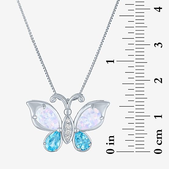 Womens Lab-Created Opal and Genuine Blue Topaz Sterling Silver Butterfly Pendant Necklace