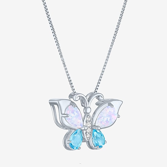 Womens Lab-Created Opal and Genuine Blue Topaz Sterling Silver Butterfly Pendant Necklace