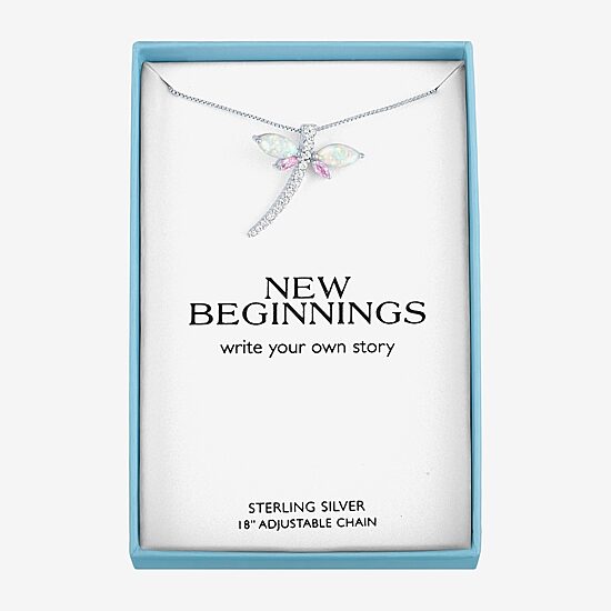 Womens Lab Created White Opal Sterling Silver Dragonfly Pendant Necklace